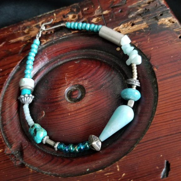 Handmade Turquoise Beaded Anklet Bracelet 8" - Picture 1 of 9